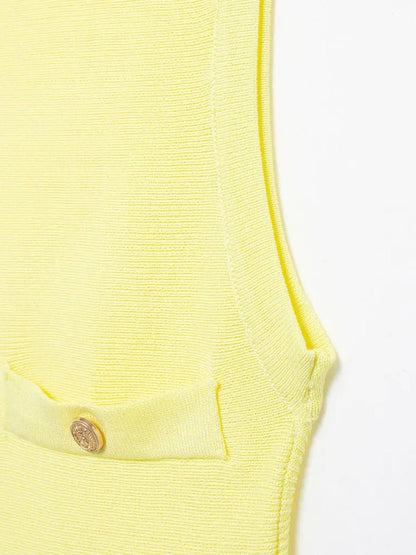 Ribbed Knit Crew Neck Button Pocket Drop Waist Knife Pleat Mini Dress
