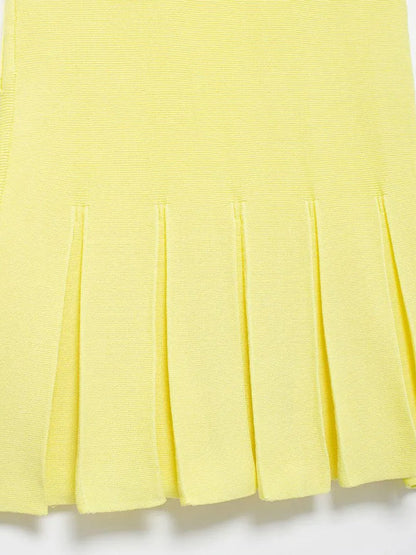 Ribbed Knit Crew Neck Button Pocket Drop Waist Knife Pleat Mini Dress