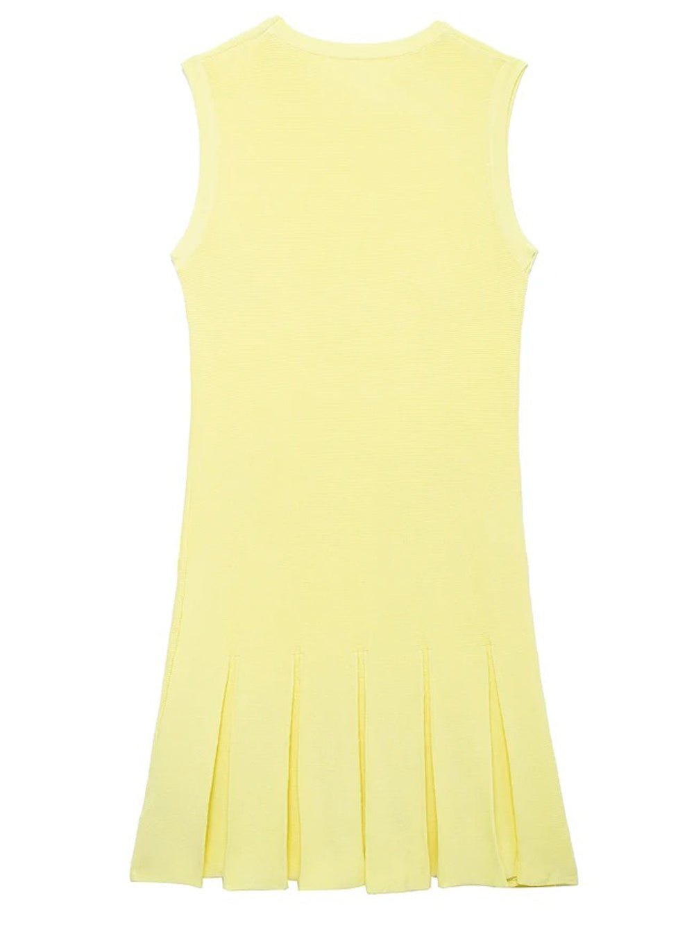 Ribbed Knit Crew Neck Button Pocket Drop Waist Knife Pleat Mini Dress