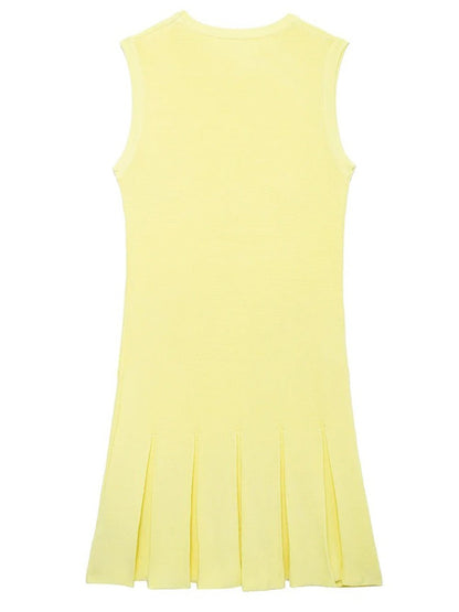 Ribbed Knit Crew Neck Button Pocket Drop Waist Knife Pleat Mini Dress