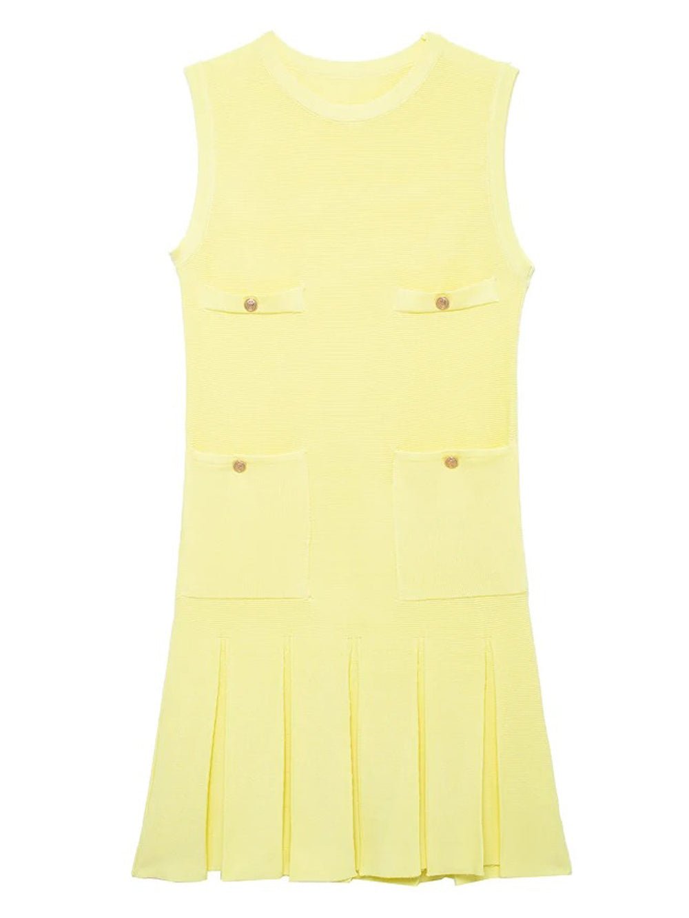 Ribbed Knit Crew Neck Button Pocket Drop Waist Knife Pleat Mini Dress