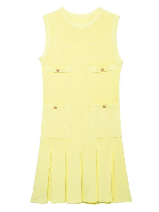 Ribbed Knit Crew Neck Button Pocket Drop Waist Knife Pleat Mini Dress