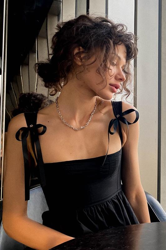 Tie-Shoulder Bustier Square Neck Fit-and-Flare Babydoll Mini Dress