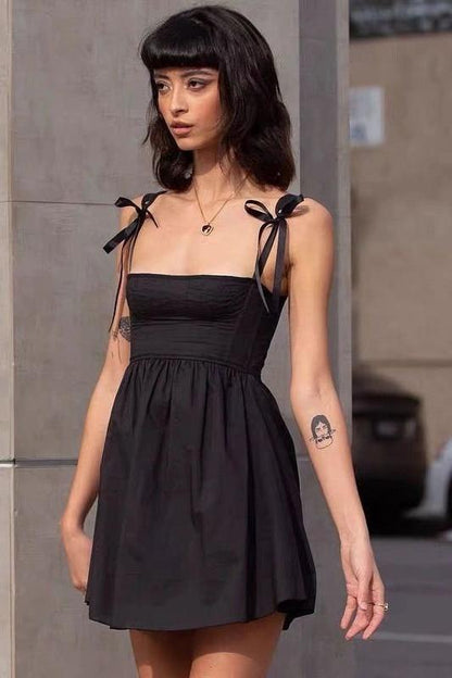 Tie-Shoulder Bustier Square Neck Fit-and-Flare Babydoll Mini Dress