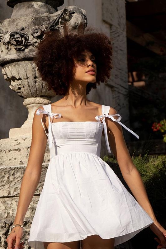 Tie-Shoulder Bustier Square Neck Fit-and-Flare Babydoll Mini Dress