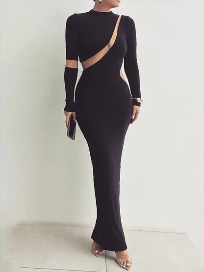 Mock Neck Mesh Panel Asymmetrical Cutout Long Sleeve Bodycon Maxi Dress