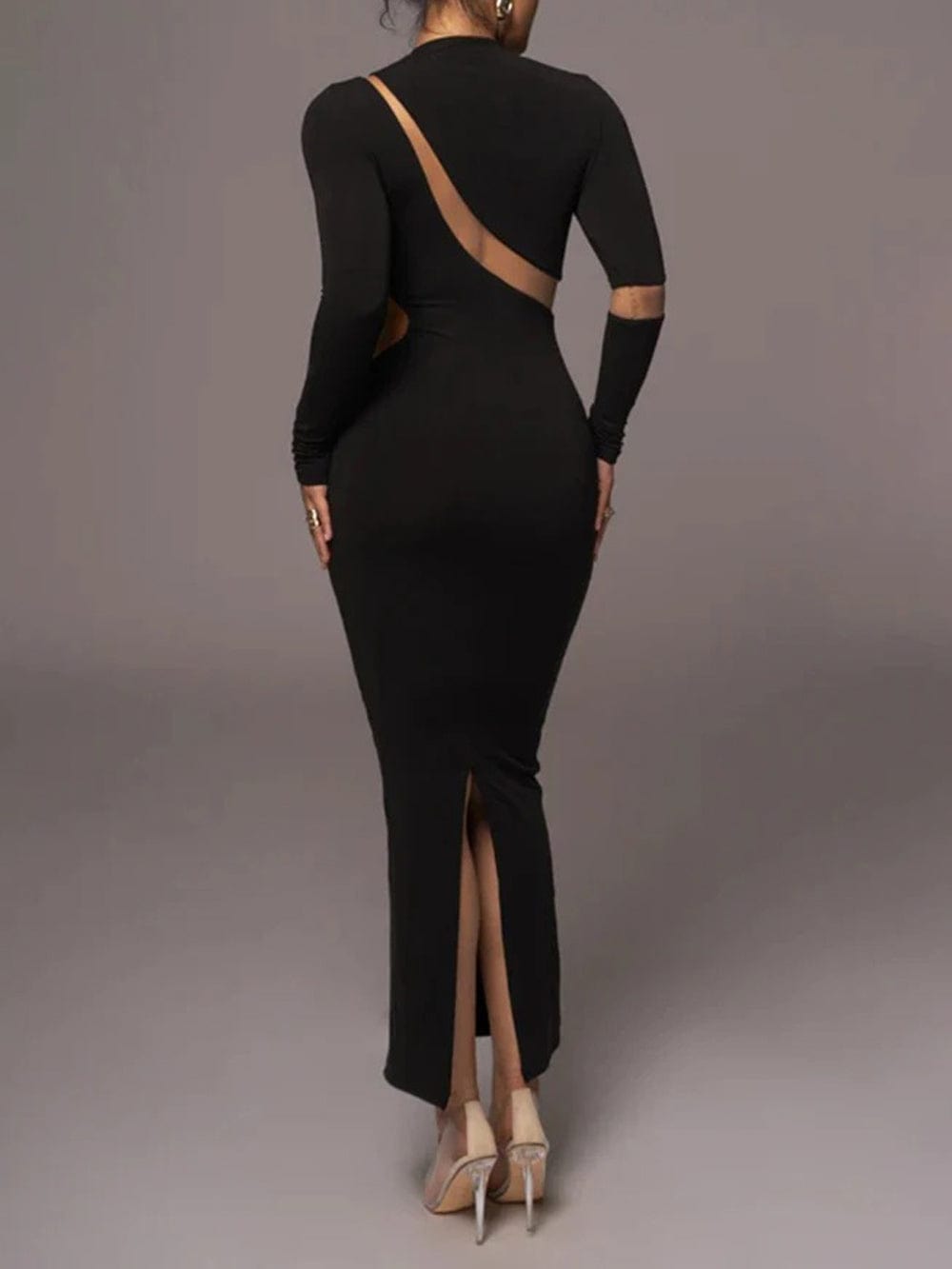Mock Neck Mesh Panel Asymmetrical Cutout Long Sleeve Bodycon Maxi Dress