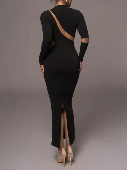Mock Neck Mesh Panel Asymmetrical Cutout Long Sleeve Bodycon Maxi Dress