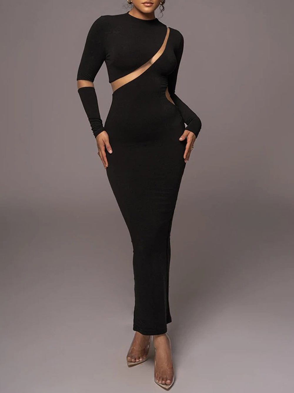 Mock Neck Mesh Panel Asymmetrical Cutout Long Sleeve Bodycon Maxi Dress