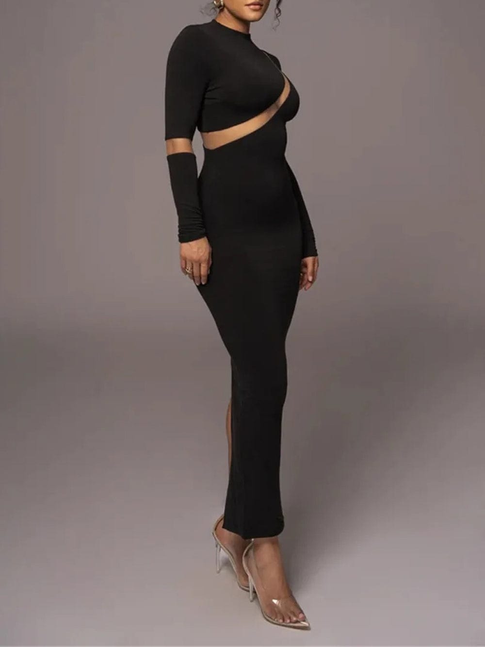 Mock Neck Mesh Panel Asymmetrical Cutout Long Sleeve Bodycon Maxi Dress
