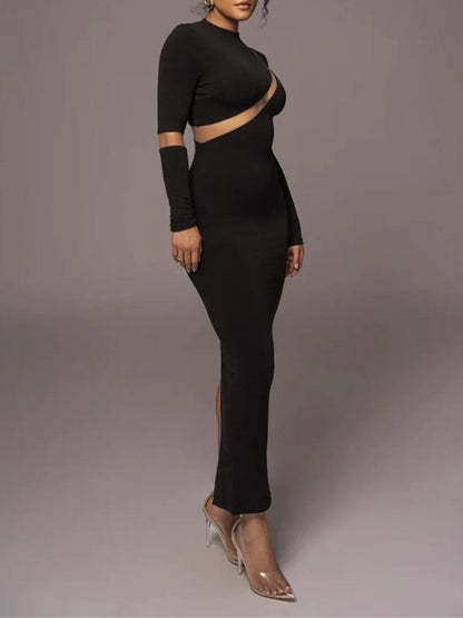 Mock Neck Mesh Panel Asymmetrical Cutout Long Sleeve Bodycon Maxi Dress