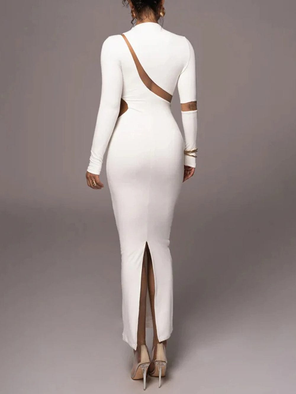 Mock Neck Mesh Panel Asymmetrical Cutout Long Sleeve Bodycon Maxi Dress