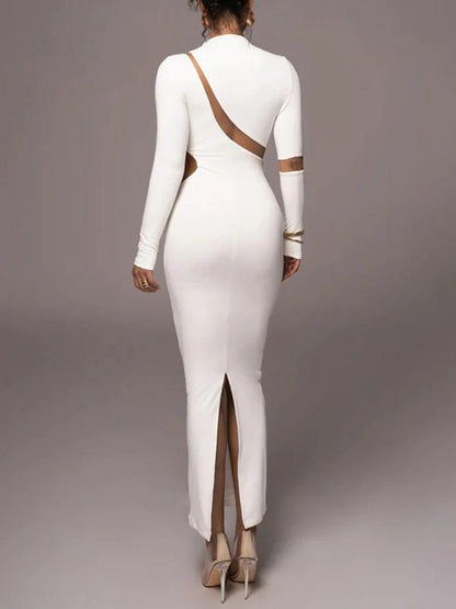 Mock Neck Mesh Panel Asymmetrical Cutout Long Sleeve Bodycon Maxi Dress