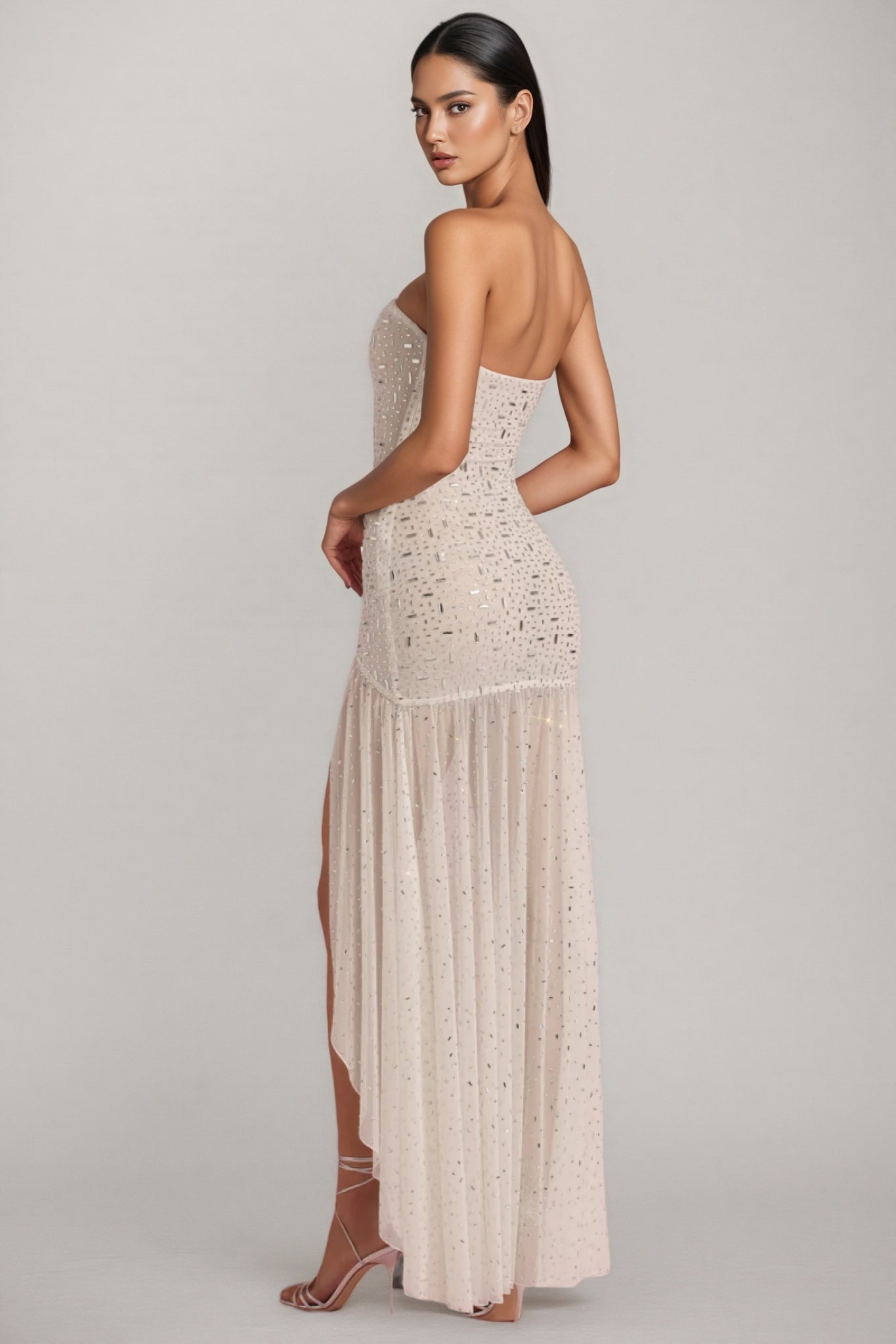 Vereny Semi-Sheer Embellished Asymmetric Maxi Dress