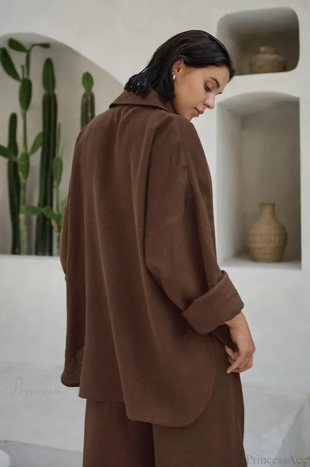 Khaki Cotton Linen Relaxed Long Sleeve Two Piece Set