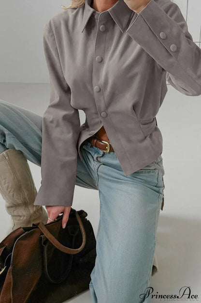 Khaki Suede Collared Ruched Blouse