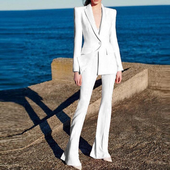 KittenAlarm - Klyda Solid Single Breasted Blazer & Flare Pants Set