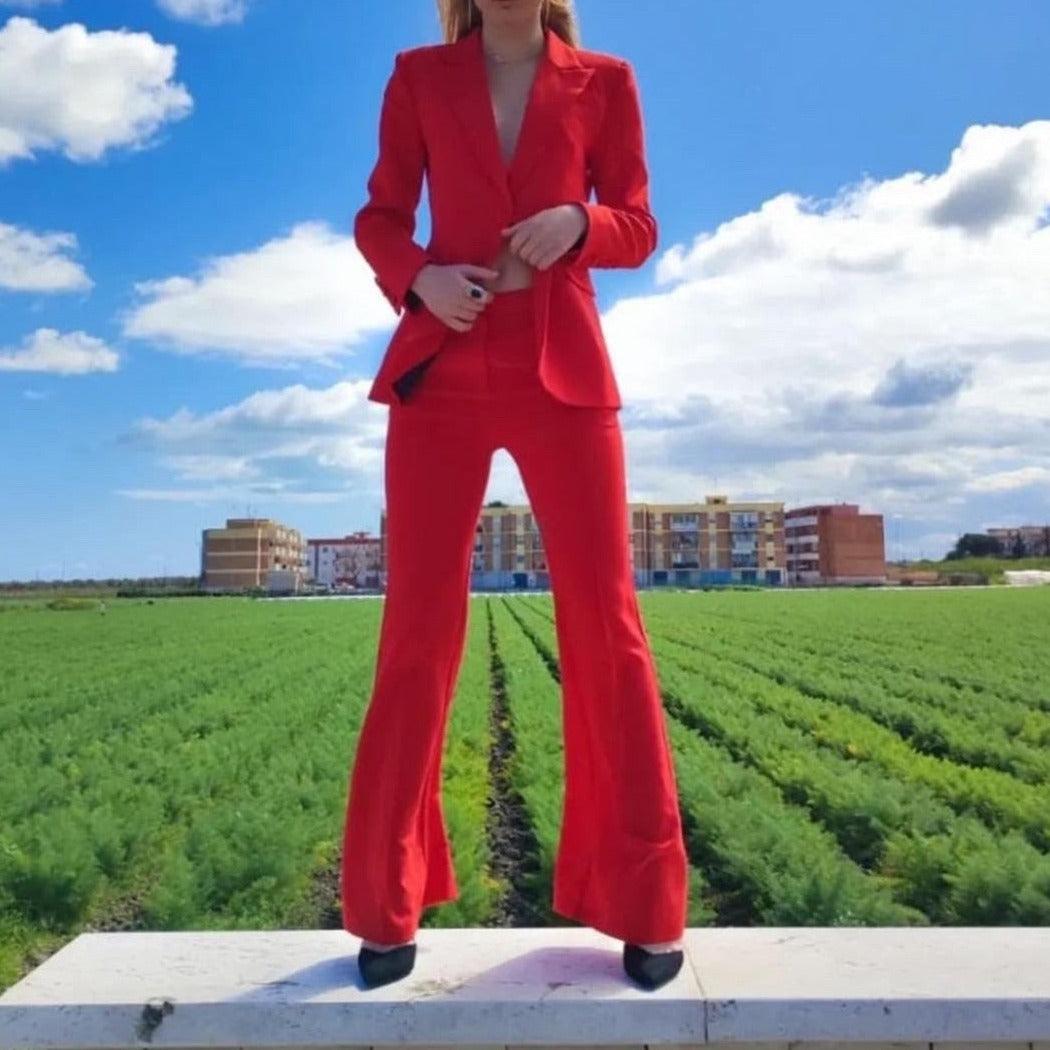 KittenAlarm - Klyda Solid Single Breasted Blazer & Flare Pants Set