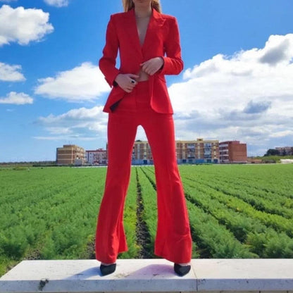 KittenAlarm - Klyda Solid Single Breasted Blazer & Flare Pants Set