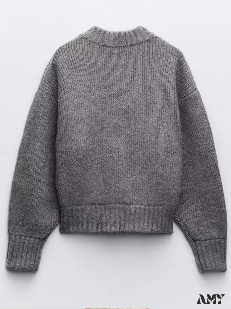 Knit Grey Zipper O-neck Long Sleeve Autumn Winter High Street Sweater