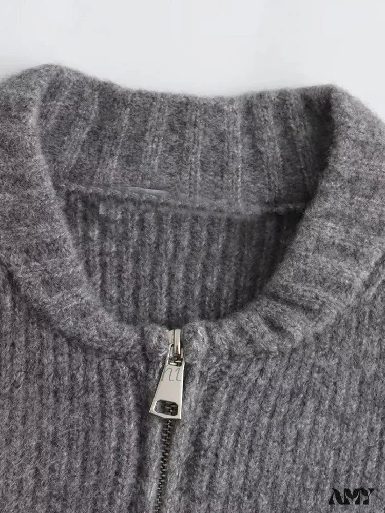Knit Grey Zipper O-neck Long Sleeve Autumn Winter High Street Sweater