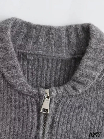 Knit Grey Zipper O-neck Long Sleeve Autumn Winter High Street Sweater