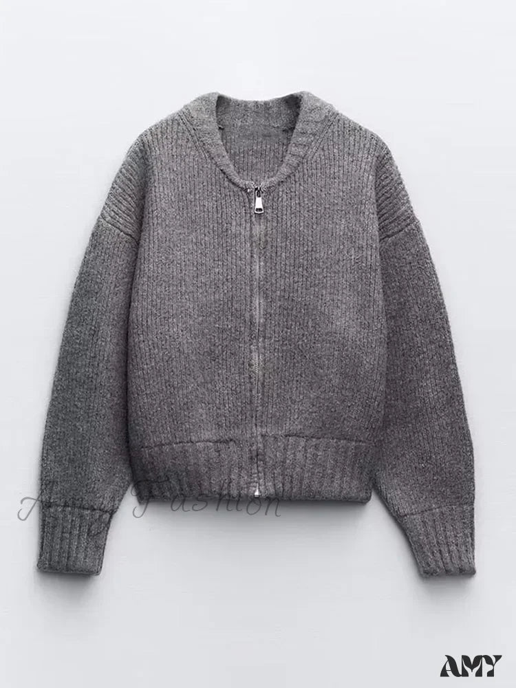 Knit Grey Zipper O-neck Long Sleeve Autumn Winter High Street Sweater