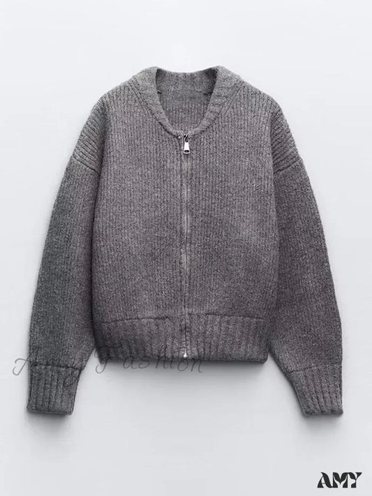 Knit Grey Zipper O-neck Long Sleeve Autumn Winter High Street Sweater