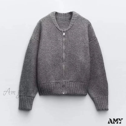 Knit Grey Zipper O-neck Long Sleeve Autumn Winter High Street Sweater