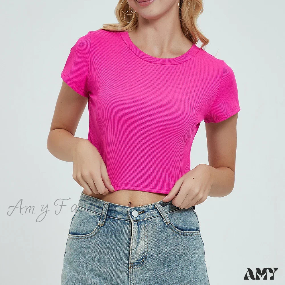 Knit New Short Sleeve O Neck Summer Casual Ribbed Basic Sexy Streetwear Crop Top