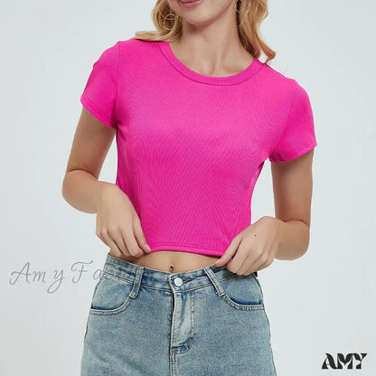 Knit New Short Sleeve O Neck Summer Casual Ribbed Basic Sexy Streetwear Crop Top