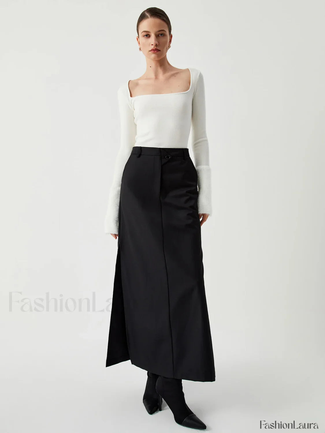 Knit Patchwork Fuzzy Cuff Modern Square Neck Long Sleeve Top