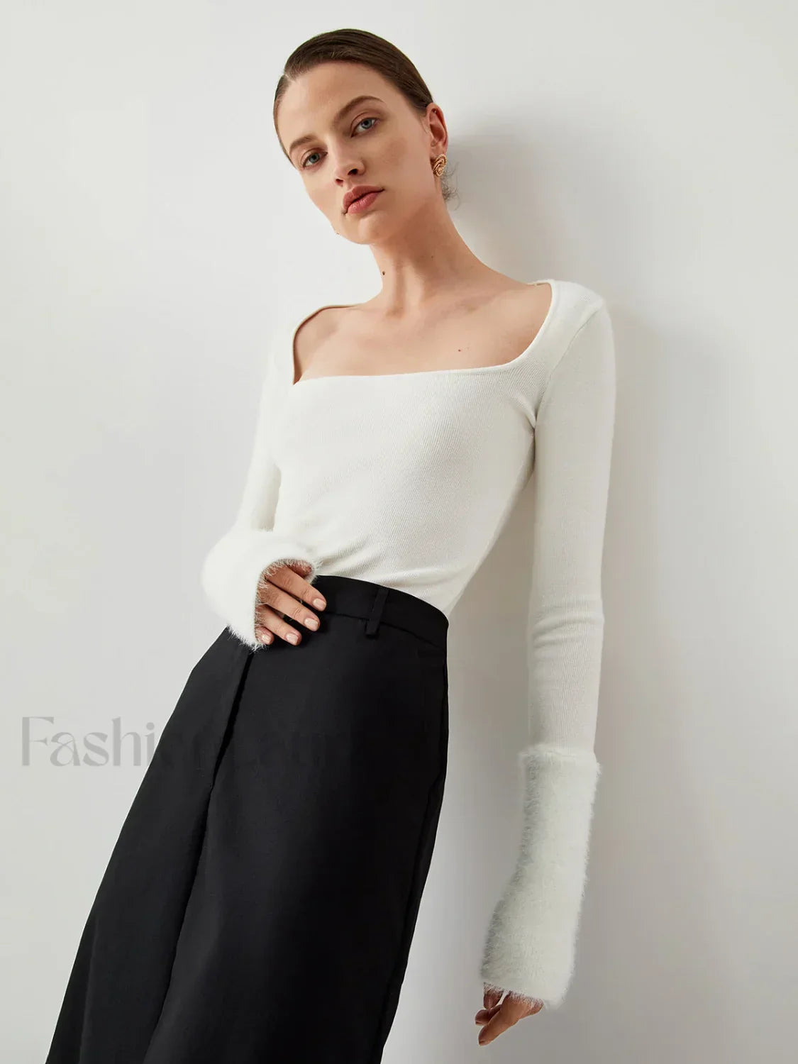Knit Patchwork Fuzzy Cuff Modern Square Neck Long Sleeve Top