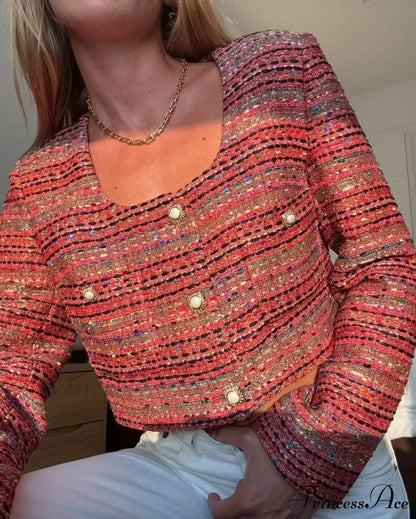 Knitted Buttoned Pocketed Square Neck Long Sleeved Short Autumn Casual Stylish Coat
