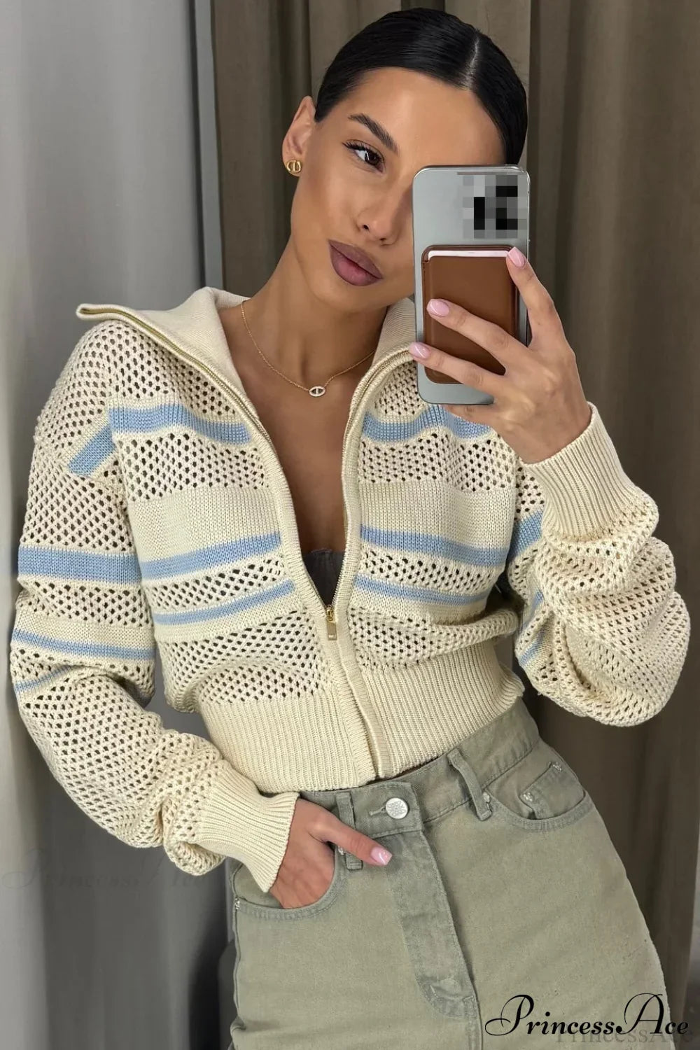 Knitted Cutout Zip Slim-Fit Design Hoodie