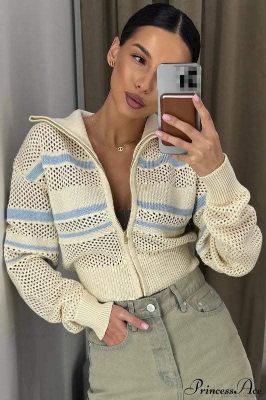 Knitted Cutout Zip Slim-Fit Design Hoodie