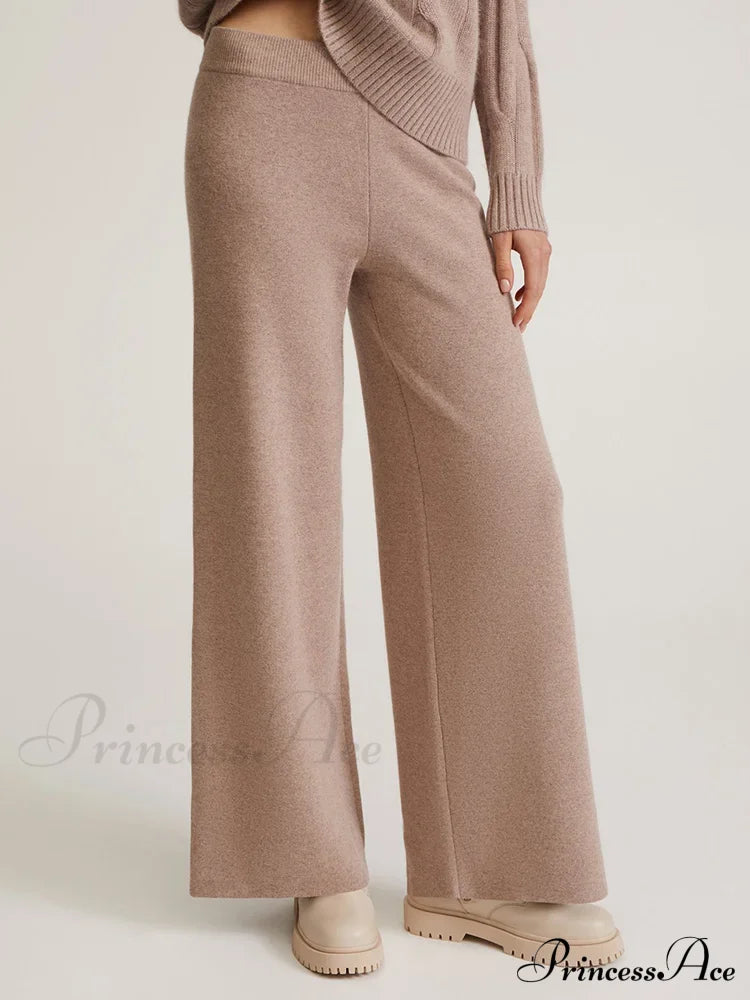 Knitted Winter High Waist Warm Straight Solid Light Blue Basic Wide Leg Pants