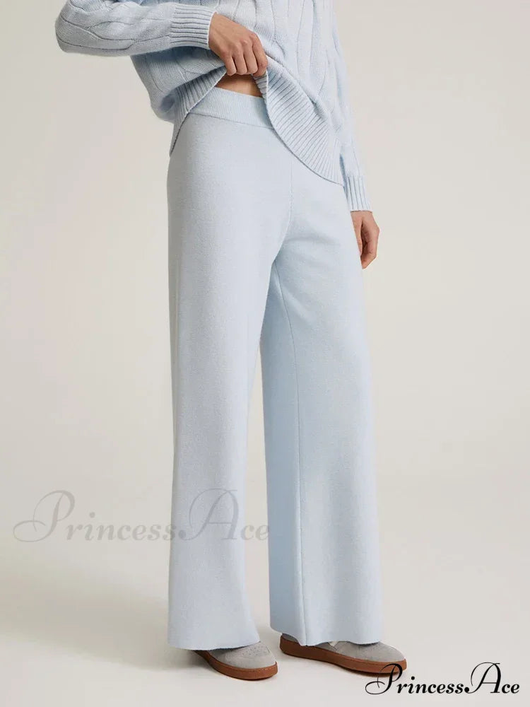 Knitted Winter High Waist Warm Straight Solid Light Blue Basic Wide Leg Pants