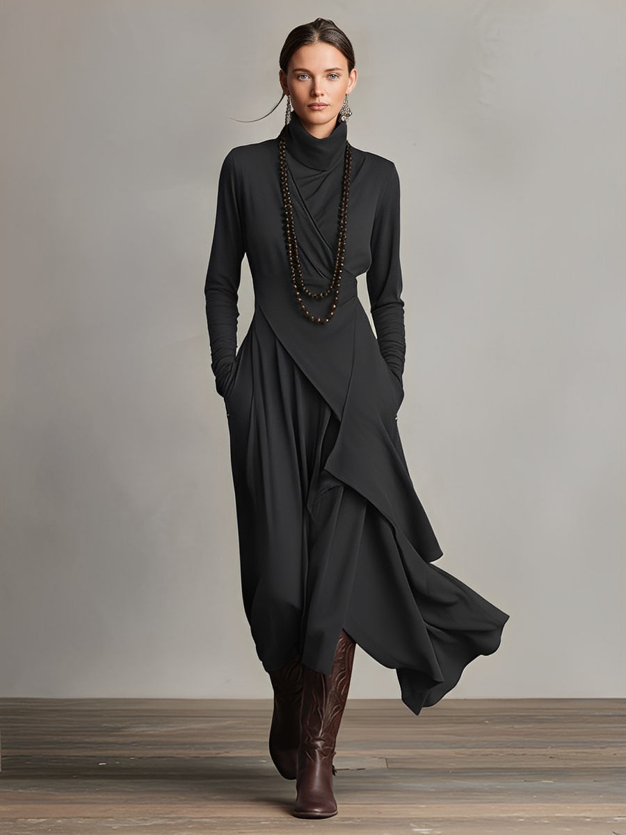 Turtleneck Wrap Front Draped Asymmetrical Hem Knit Pocket Maxi Dress