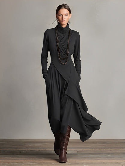 Turtleneck Wrap Front Draped Asymmetrical Hem Knit Pocket Maxi Dress