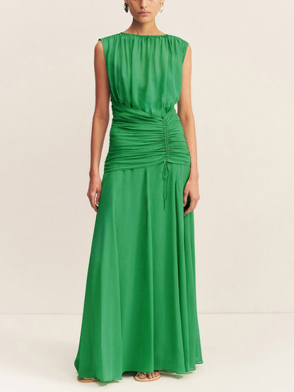 Elegant Pleated Drawstring Crew Neck Maxi Dress
