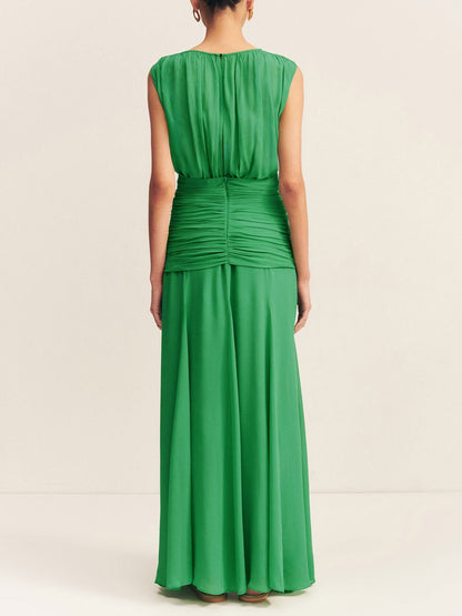 Elegant Pleated Drawstring Crew Neck Maxi Dress