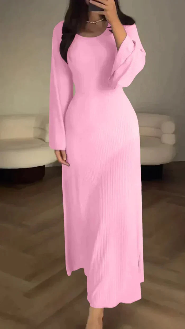 Scoop Neck Ribbed Knit Bell Sleeve Bodycon Midi Dress