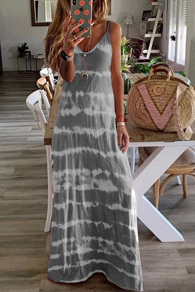 Tie-Dye Print Spaghetti Strap Deep V-Neck Boho Maxi Dress