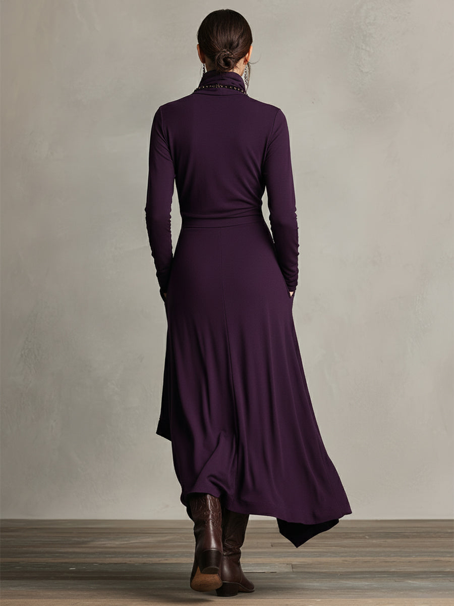 Turtleneck Wrap Front Draped Asymmetrical Hem Knit Pocket Maxi Dress