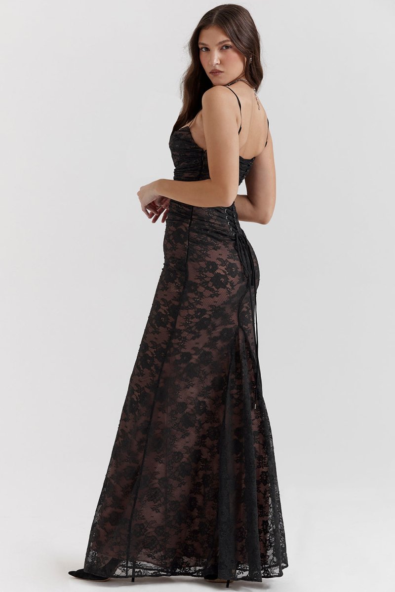 Floral Lace Corset Lace Up Back Long Sleeve Mermaid Maxi Gown