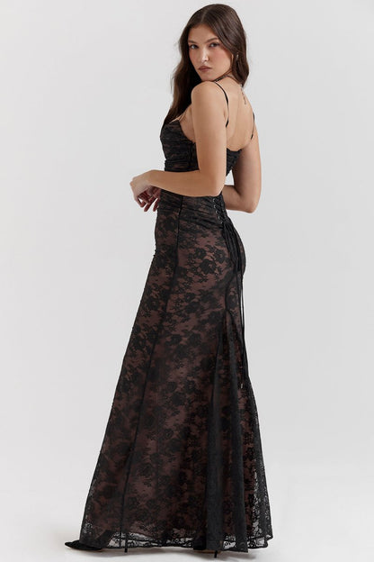 Floral Lace Corset Lace Up Back Long Sleeve Mermaid Maxi Gown