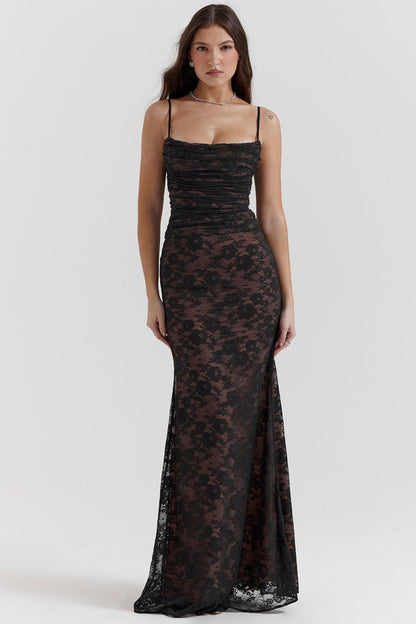 Floral Lace Corset Lace Up Back Long Sleeve Mermaid Maxi Gown