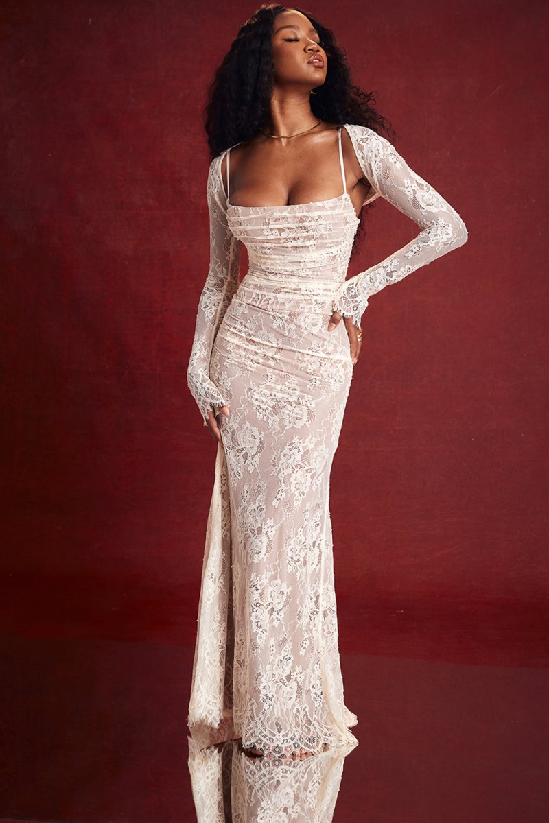 Floral Lace Corset Lace Up Back Long Sleeve Mermaid Maxi Gown