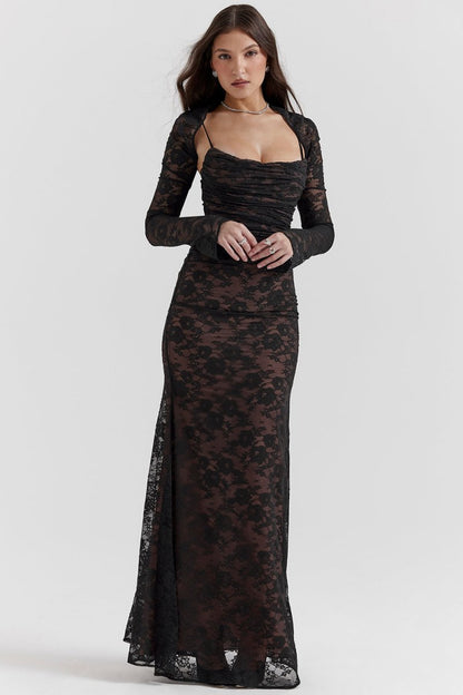 Floral Lace Corset Lace Up Back Long Sleeve Mermaid Maxi Gown
